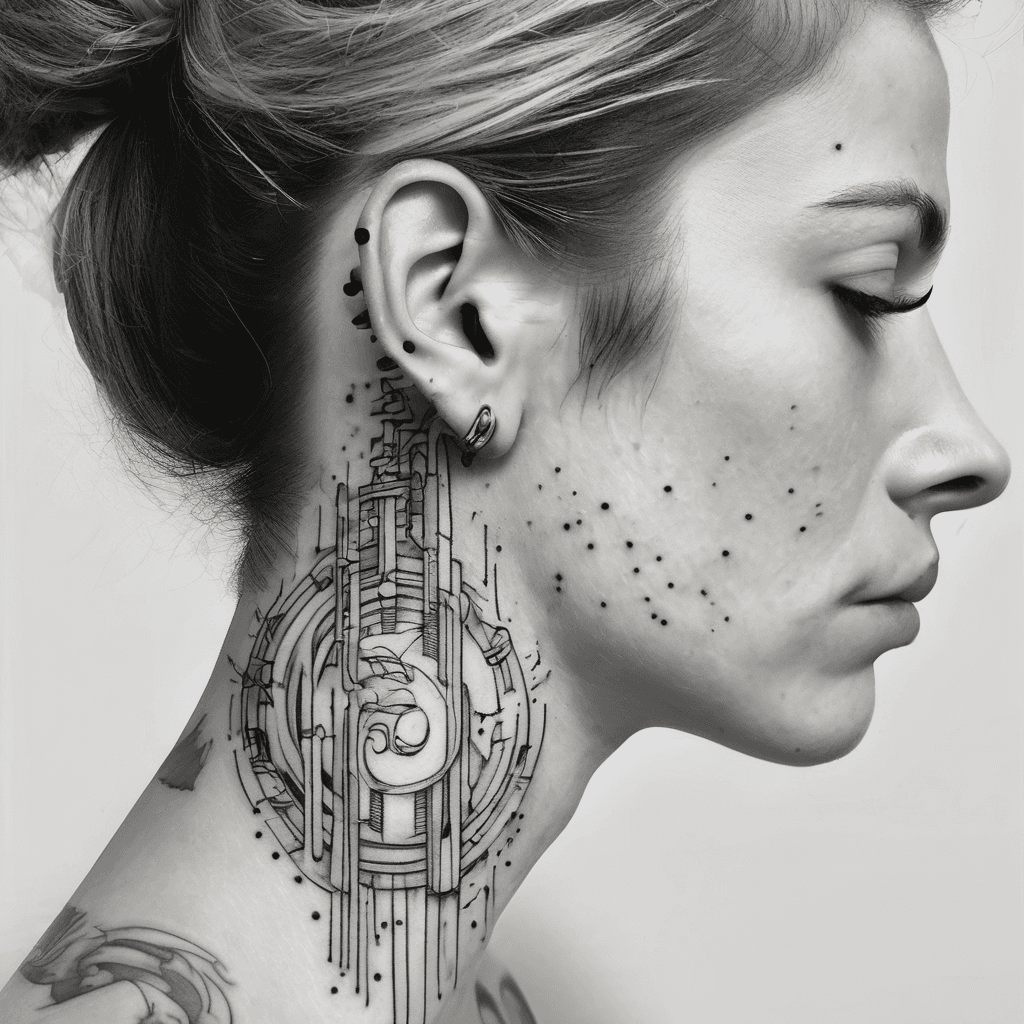 A band, a dot, and a band, then a space, then three dots and a band, then a space, then two bands. On the helix cartilage of the ear