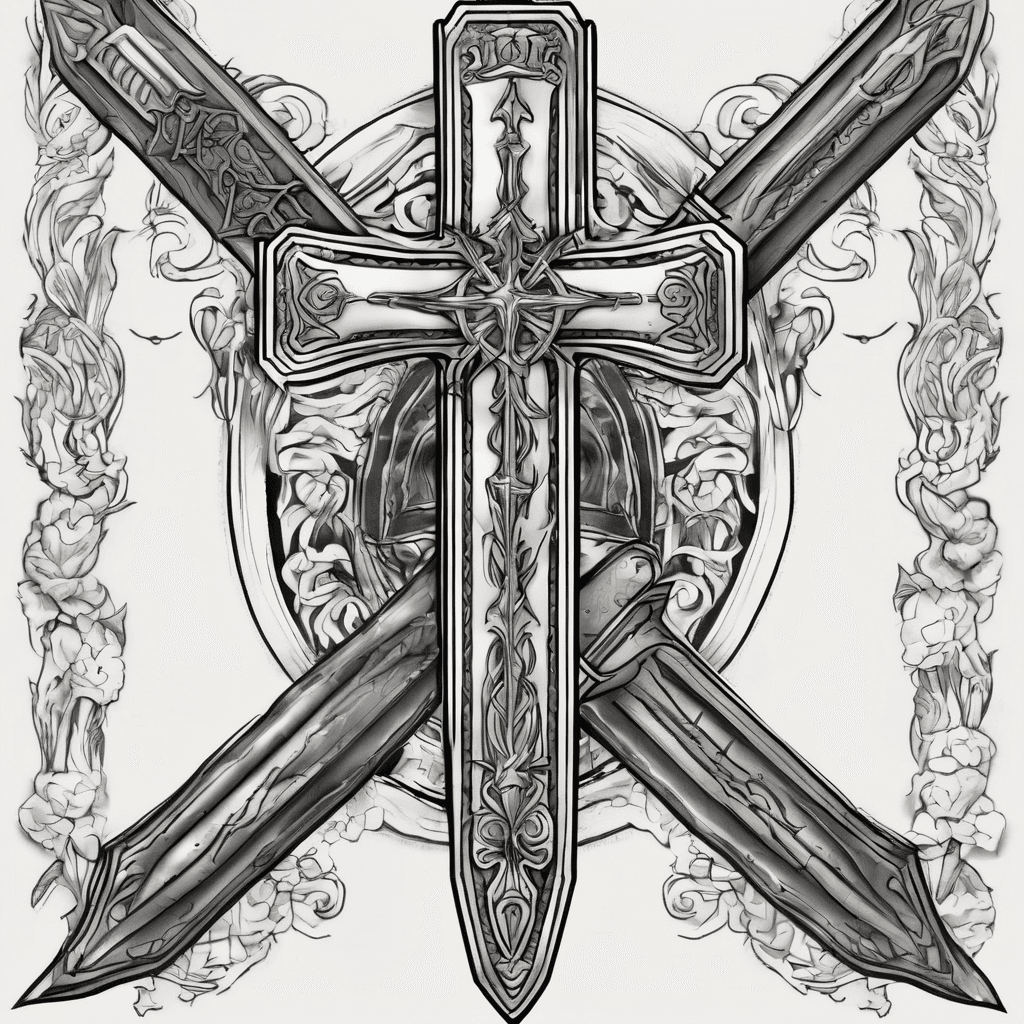 Create a tattoo of a sword that looks like the cross of Jesus. Hand tattoo. With a banner/ridden going around the sword cross that says "survivors"