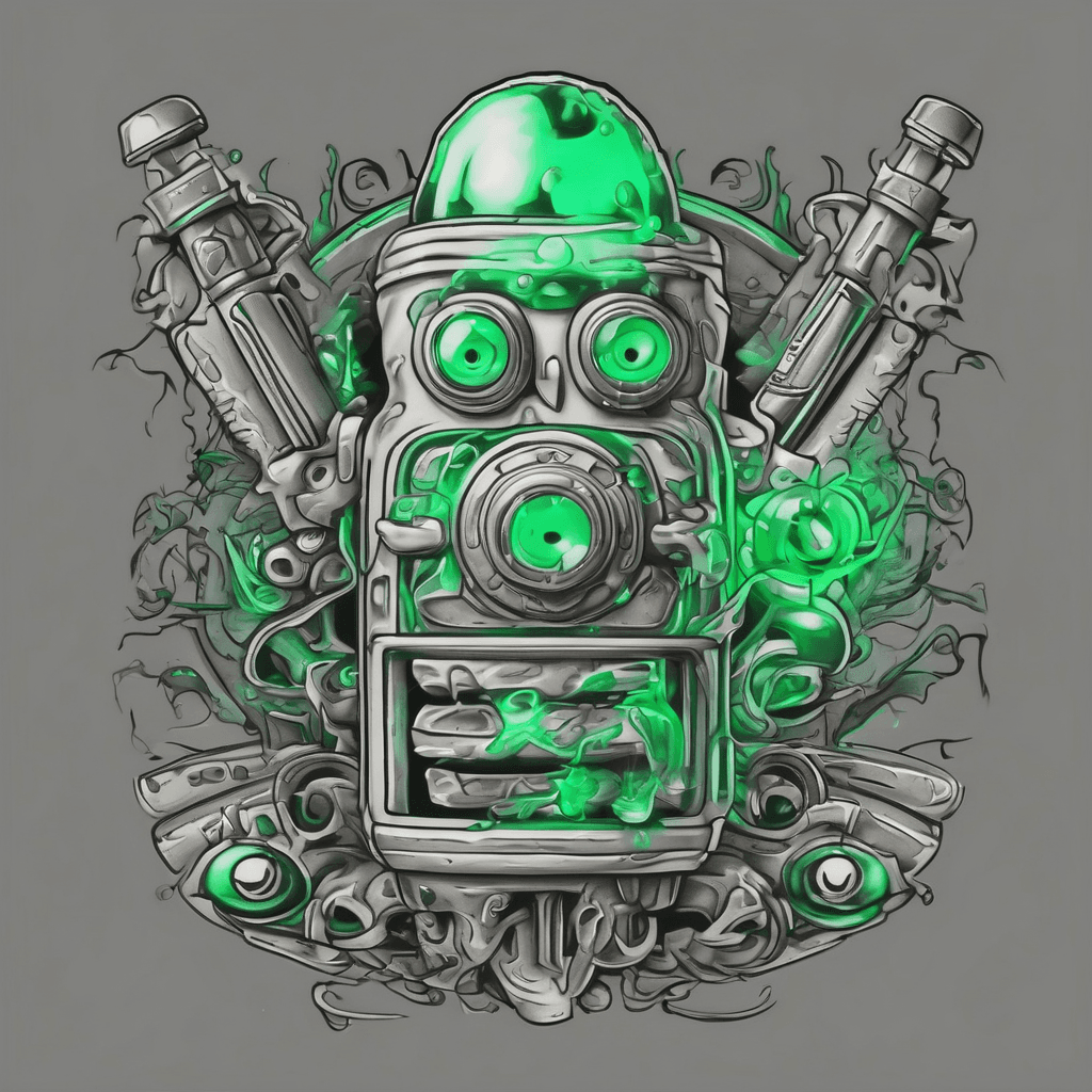American traditional tattoo style illustration of the Rick and Morty green portal gun, crossed with traditional daggers, heavy black pepper shading, solid colors, clean tattoo flash sheet