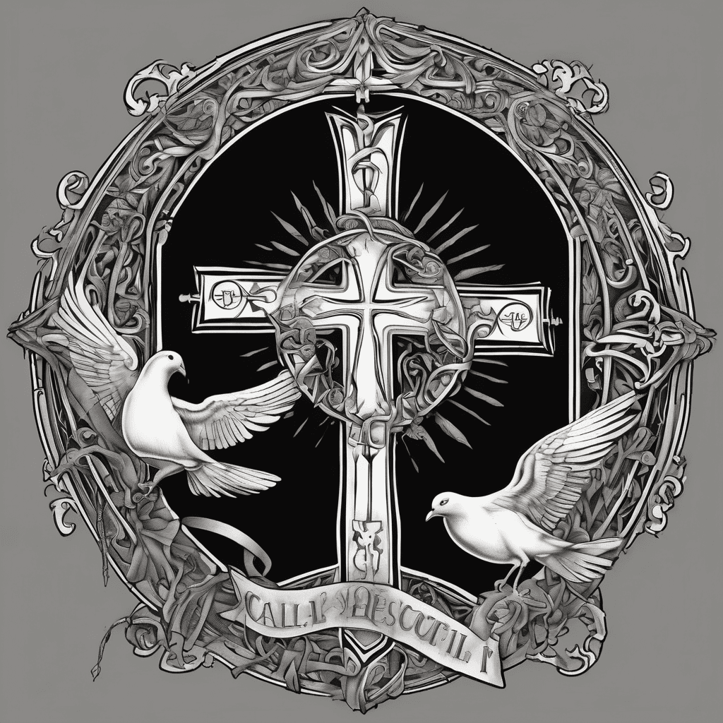 I need a tattoo with a cross that’s shaded around with a black background with sun streaks and 2 doves on the left side of the cross and 333 in old English font with shaded black background and in the cross going across would say Call on god and going down peace over stress