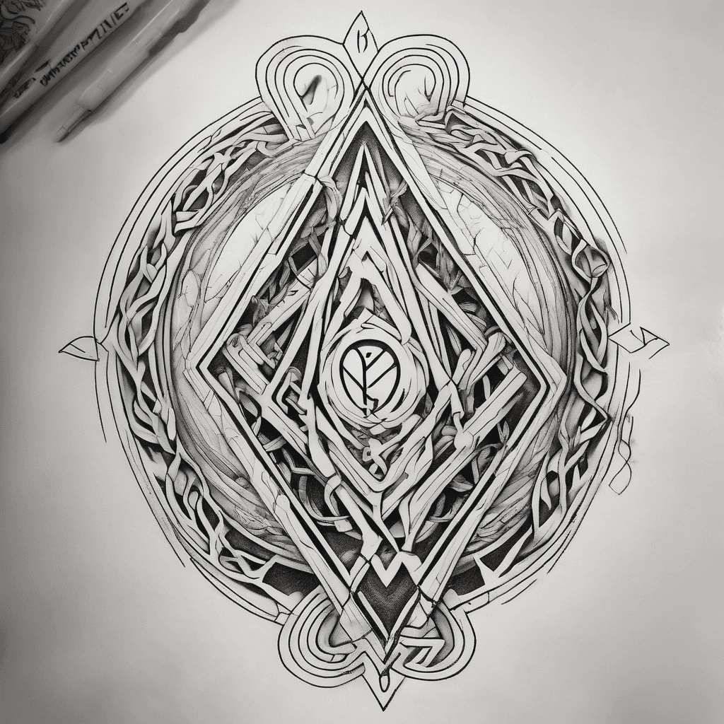minimalist fine line forearm tattoo, combining Nordic rune Dagaz, Berkana and breath wave”