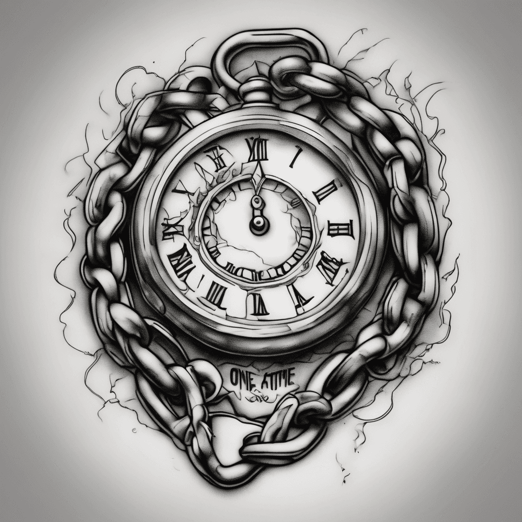 a chain with broken links and a fading clock face symbolising the breaking of the cycle of addiction and encorportating the date 02/09/19 and the words "one day at a time"