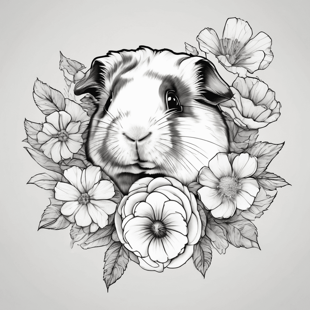 Fine line tattoo of aA bouquet of flowers with one paw print on and one guinea pig hand