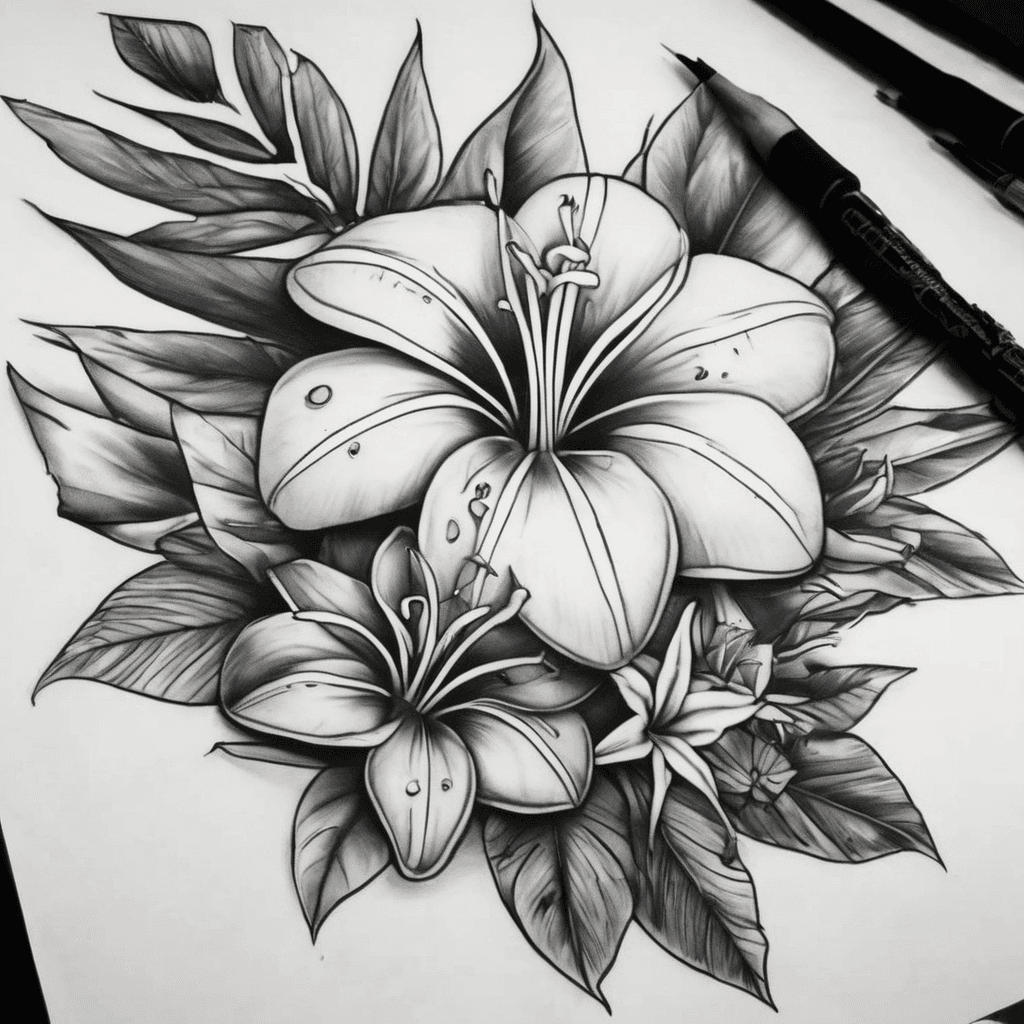 Create me a tattoo for my forearm to go just under the inside of my elbow. It will be a small simple tattoo with a frangipani, an aeroplane and a starfish. It will be simple and small.
