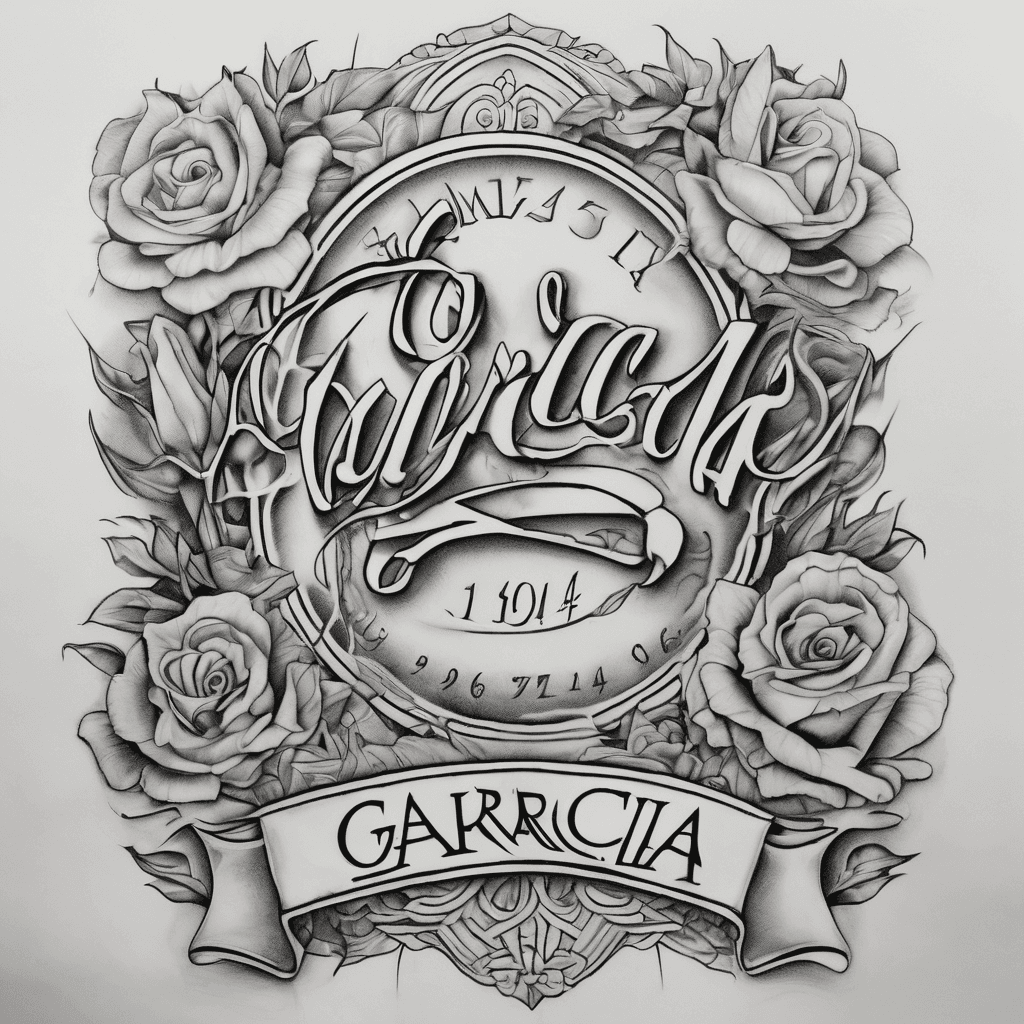 A beautiful tattoo design featuring the name "Garcia" in elegant lettering. Underneath it also the date “May 10, 1944” in roman numerals but smaller text