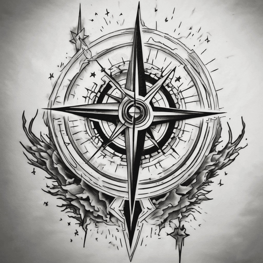 two stars, with lightning emanating from them, where the sparks of lightning come together to from a compass. Lightning should be linear, imagine with white ink in a grayscale background.