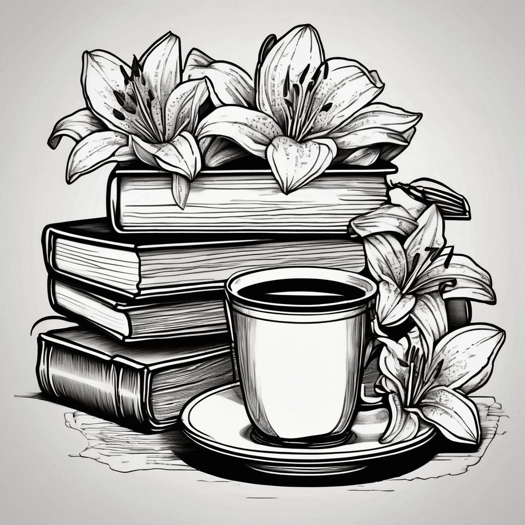 A stack of books with a hot drink on top and lilies around