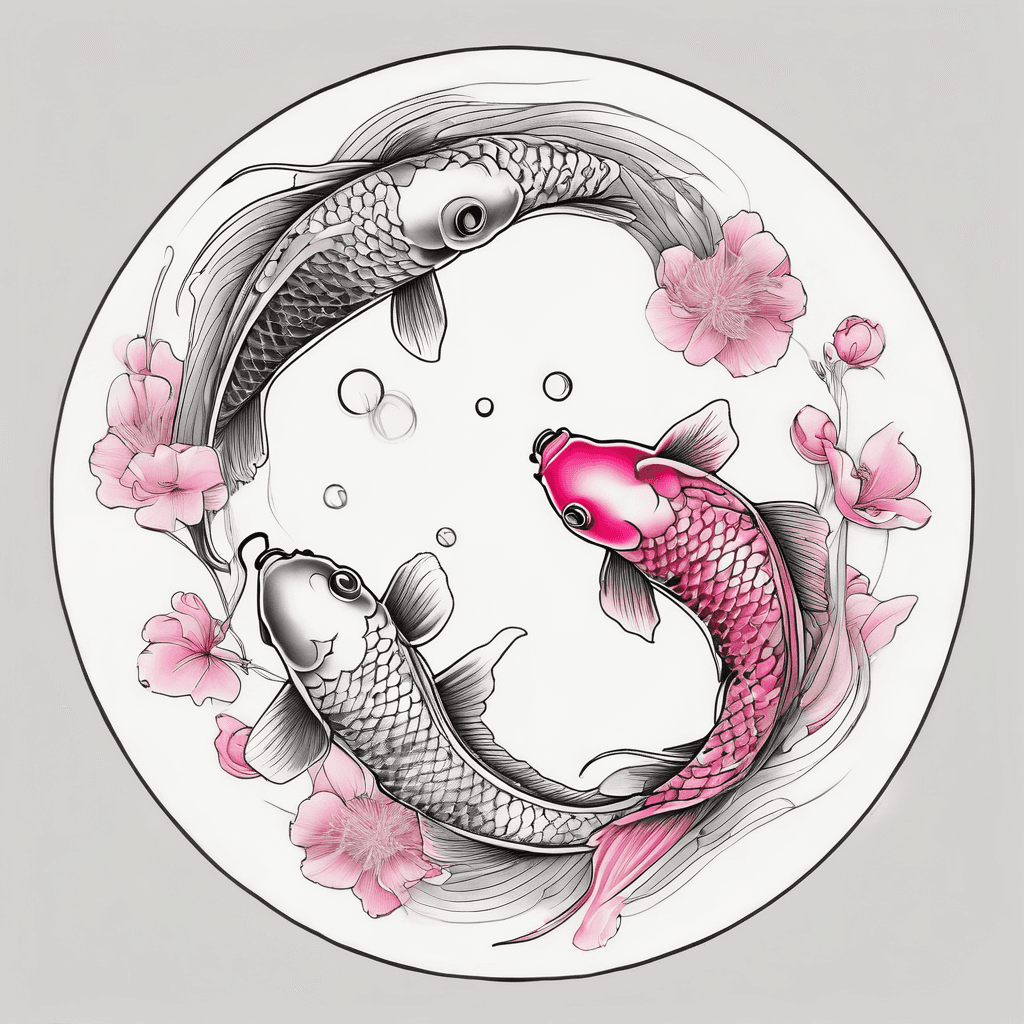 A minimalist fine-line tattoo design of two elegant koi fish swimming in a circular Yin-Yang composition, floating on a clean solid white background. The koi fish have extremely delicate, translucent, and flowy long fins with intricate thin line details, rendered in black and grey ink. Intertwined with vibrant pink cherry blossom petals and small blossoms surrounding the fish. Sharp edges, high contrast, clean flash sheet style, vector-like precision, no human skin, no shadows.