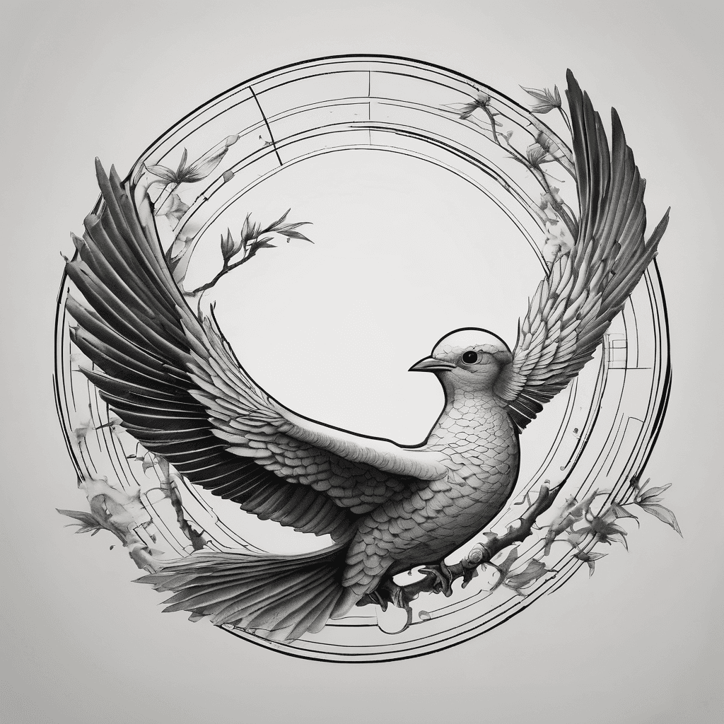 Japanese Enso with the wings of a bird beginning in the middle of the circle, and going beyond the circle the wings should be seen as if they go under and not over the circle and a perch at the bottom of the circle up to the wings
