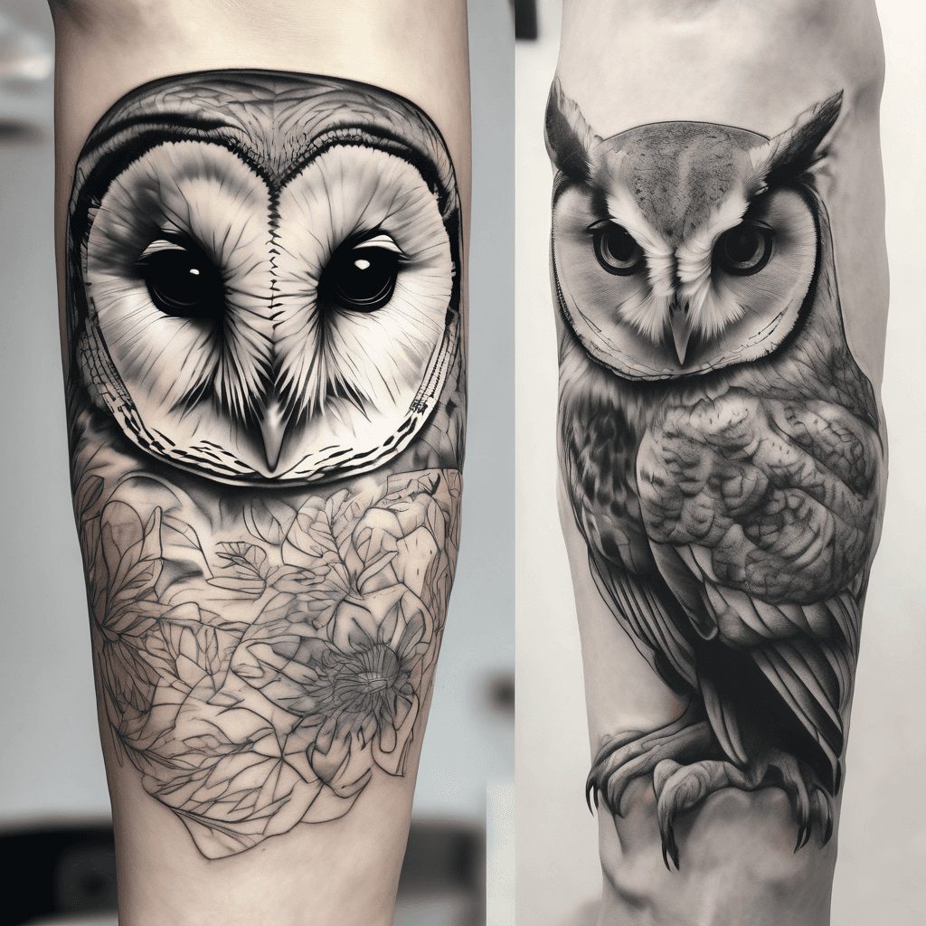 Photorealistic inner-arm tattoo mockup, palm facing up. Black-and-grey cohesive fine-line micro-realism style.
Existing realistic barn owl on upper arm. Below it, a small sleeping calico cat, lying horizontally with head left and body/tail right. Below the cat, a small delicate mother and baby penguin, mother looking affectionately down at baby.
A large detailed snake wraps around the lower forearm in 3D. Parts of its body disappear around the sides of the arm and reappear, like a real snake coiling around the forearm. Keep clear negative space around the penguins. Snake head sits at the inner wrist facing the hand, with a short thick forked tongue. Tail continues onto the outer forearm and is not visible.
All animals remain separate tattoos with bare skin between them. Consistent fine lines, stippling and soft grey shading. Snake slightly darker/bolder. Tattoos must look like real healed ink in skin, NOT stickers.
No lightning, semicolon, flowers, filler, text, colour or extra tattoos.