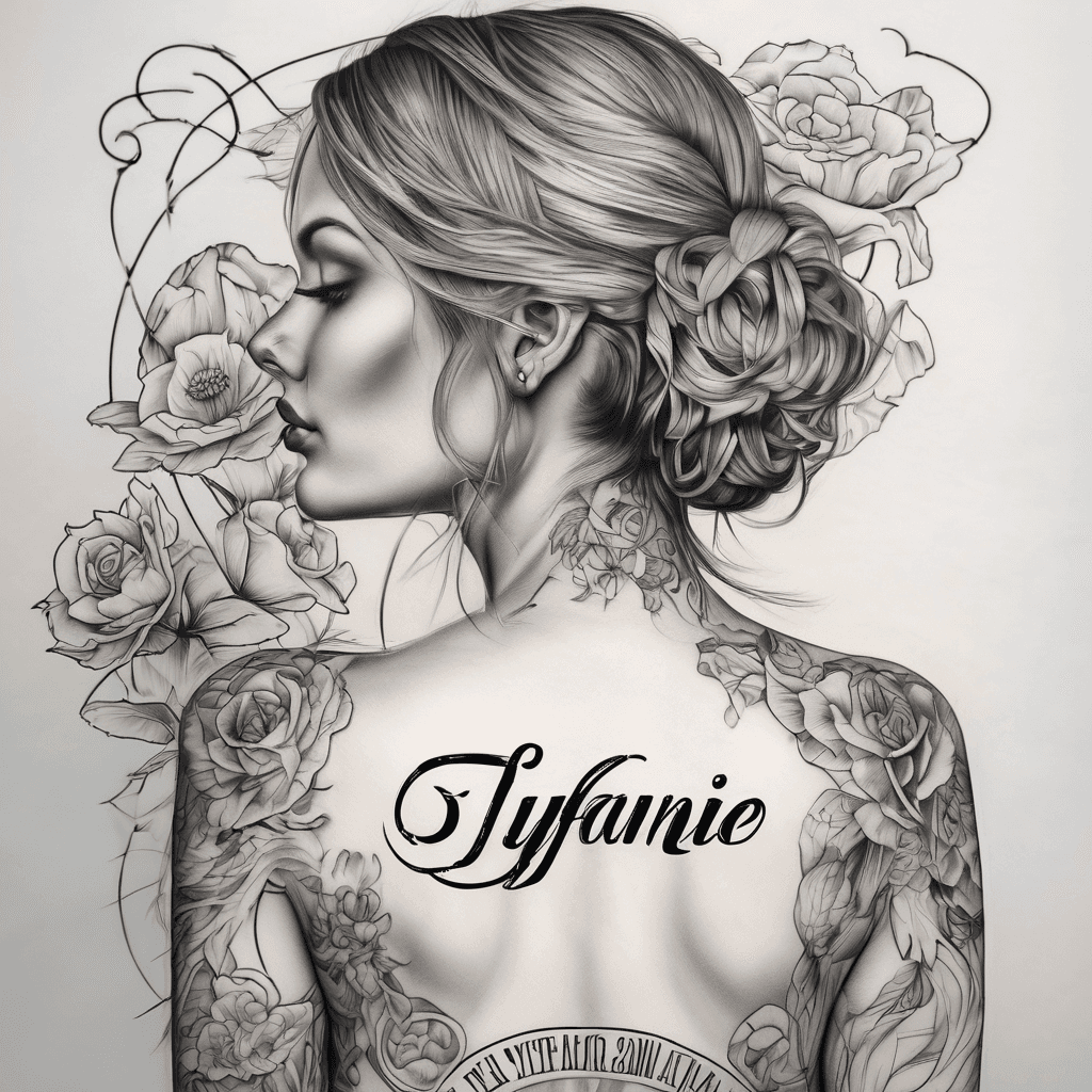 A beautiful tattoo design featuring the name "Tyfanie" in elegant lettering, thick and thin lines for the name, one flower at the begging of the name and one at the end of the name with thin lines.
