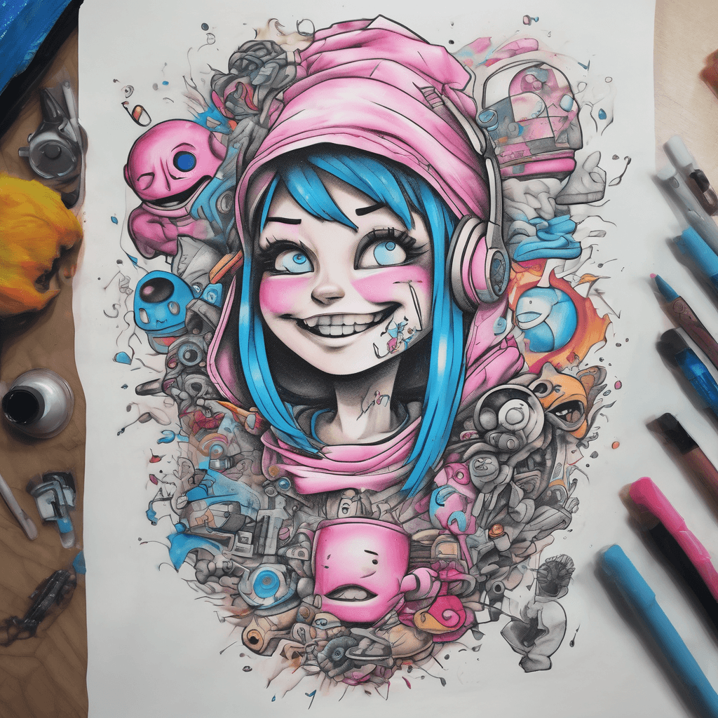 Sleeve on right upper arm and shoulder. Colourful mix of different things important to me.
Includes Blink 182 Untitled Album pink and blue paint with the smily face.
Towelie from South Park.
9 Planets would be cool too.