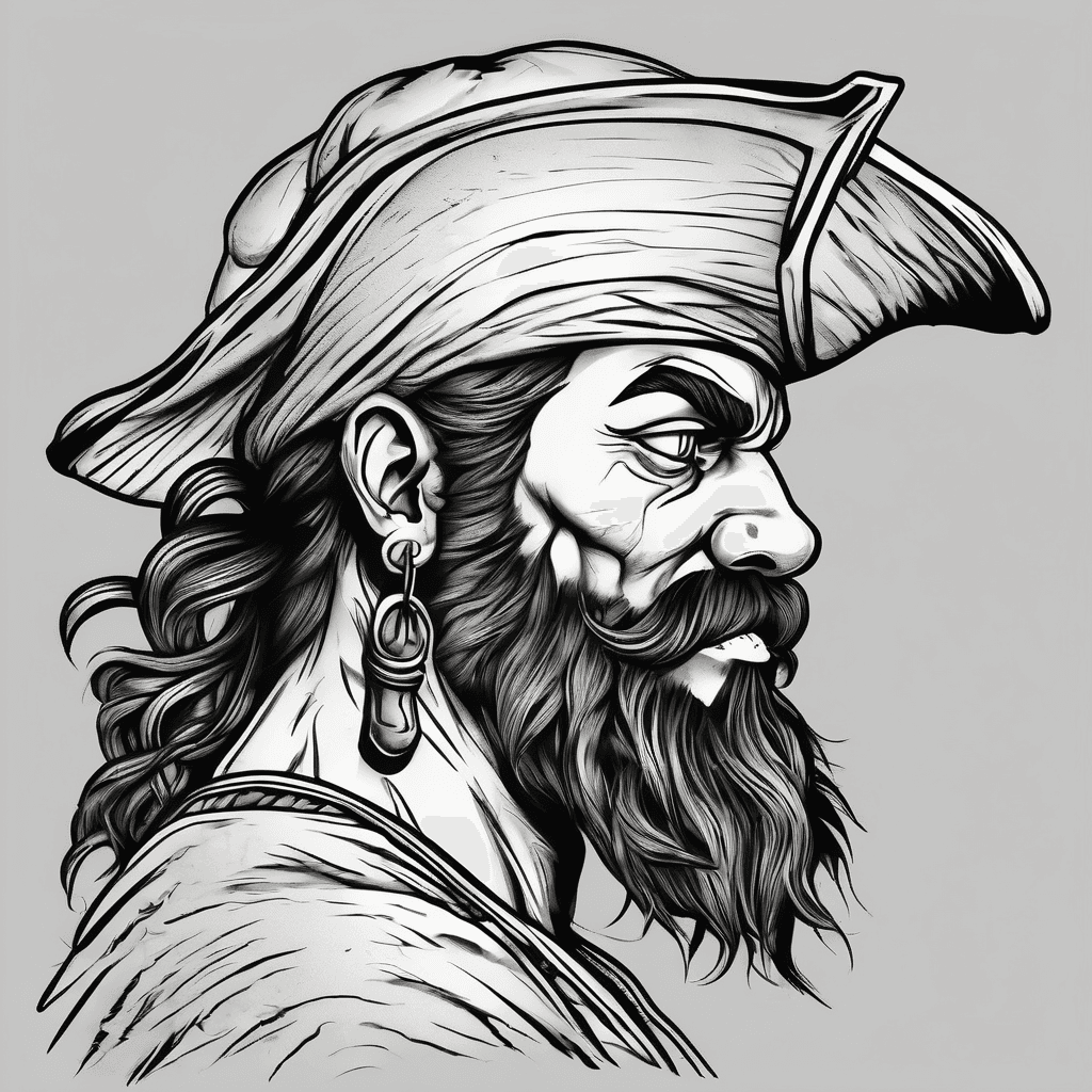 Tattoo of a cartoon like pirate facing to the right, with a black beard and no eyepatch
