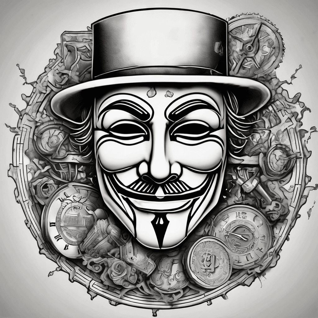anonymous face smoking money as money burns around him. at the bottom an old fashioned clock surrounded by cogs with a discreet bitcoin logo in the centre of the clock