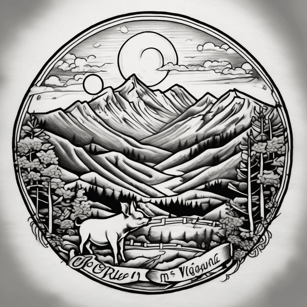 create a black and white tattoo of the blue ridge mountains in Virginia. incorporate a flying pig, jasmine, a full moon, and cotton, in an old school style retro mix