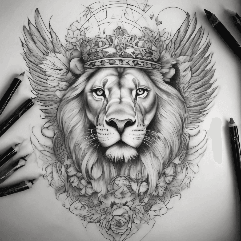 i need a full sleeve i’m a female and i want a feminine look, i have a halo with wings under with grandmas name and a small gap then a lion i need it to be seamless with the already existing tattoo