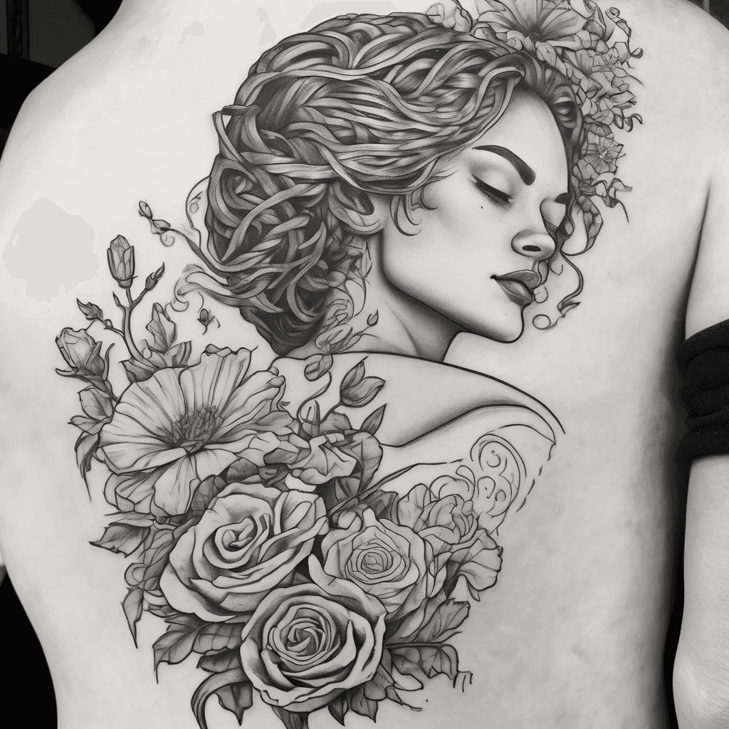 Black and white Women’s sleeve, vine that travels up the arm with 3 birth flowers, a mum, a carnation and a sun drop. A cross and the quote that says still i rise