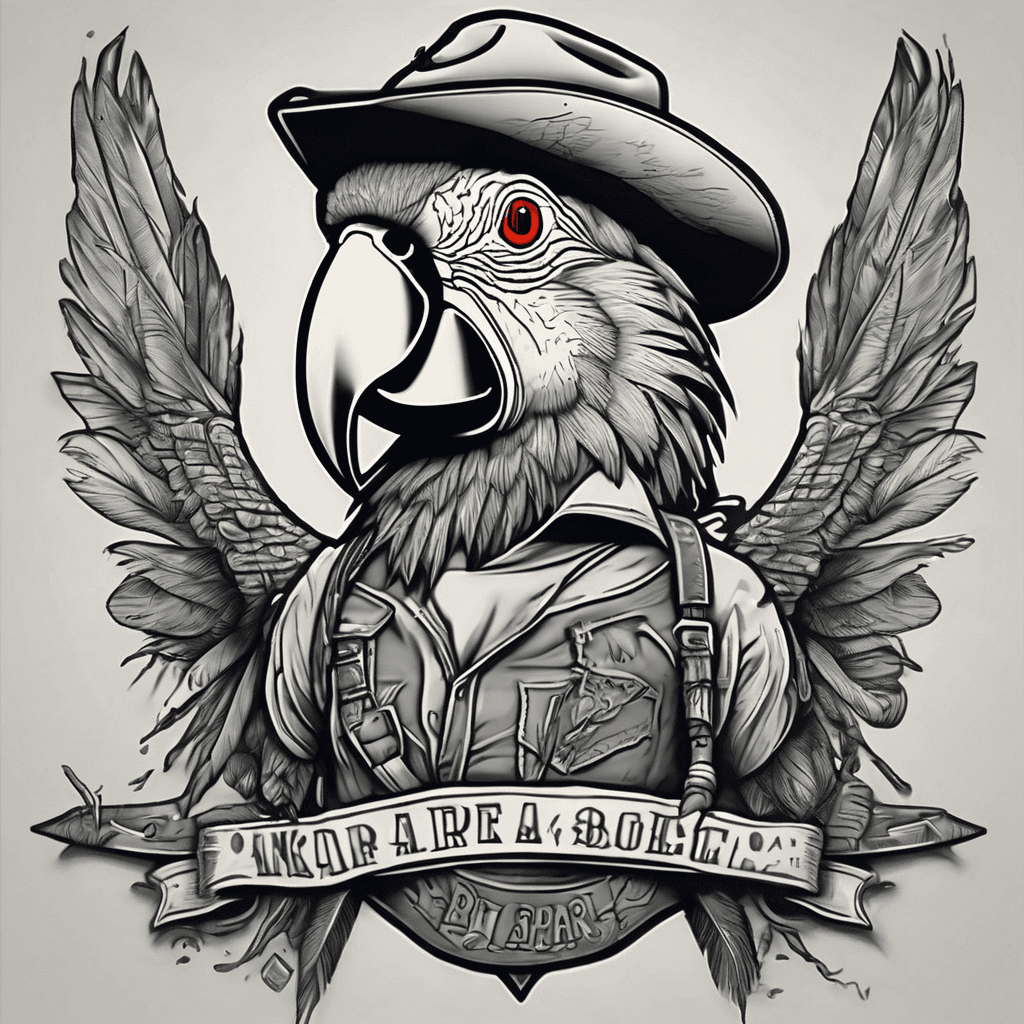 Make a new skool macaw parrot with a duck tail and regular macaw feathers for the wings . wearing a cowboy hat and holding a pick axe . Bight color palette in the background have a neon sign that’s says beware of parrots in giant writing be