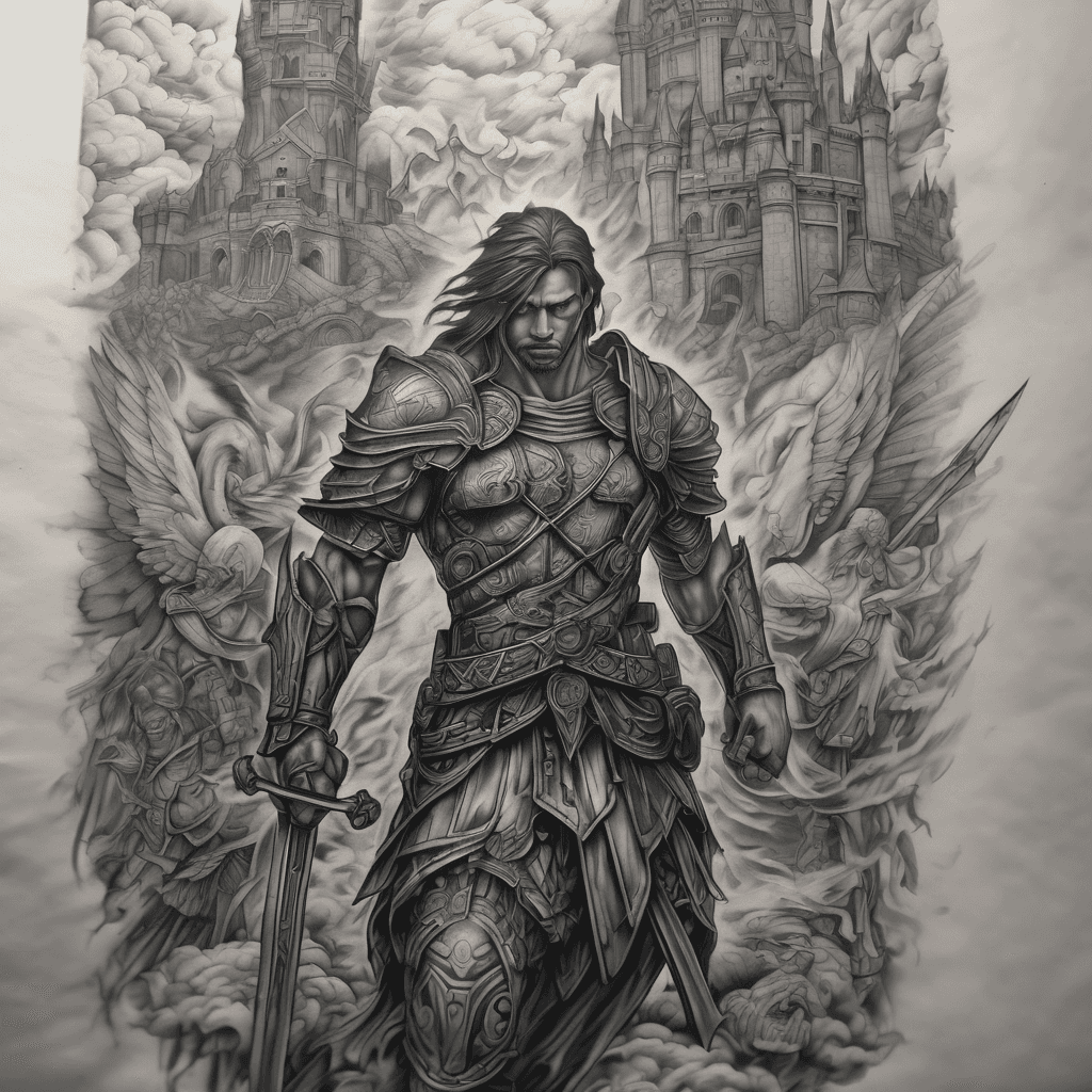 I want a black and gray tatto on my outer forearm where you see the back of warrior whos been through battle walking up too the final castle with angels in the sky