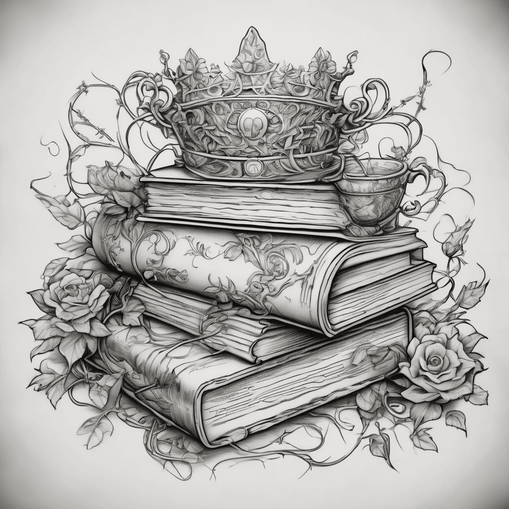A stack of 3 books with vines of flowers either side. A golden snitch, mickey mouse disney head, crown, teacup and a small knife hidden within the vines and flowers. In colour. Titles of the books to be XII_X_XVIII III_VI_XVII XX_VII_XIV. Simple, pretty.