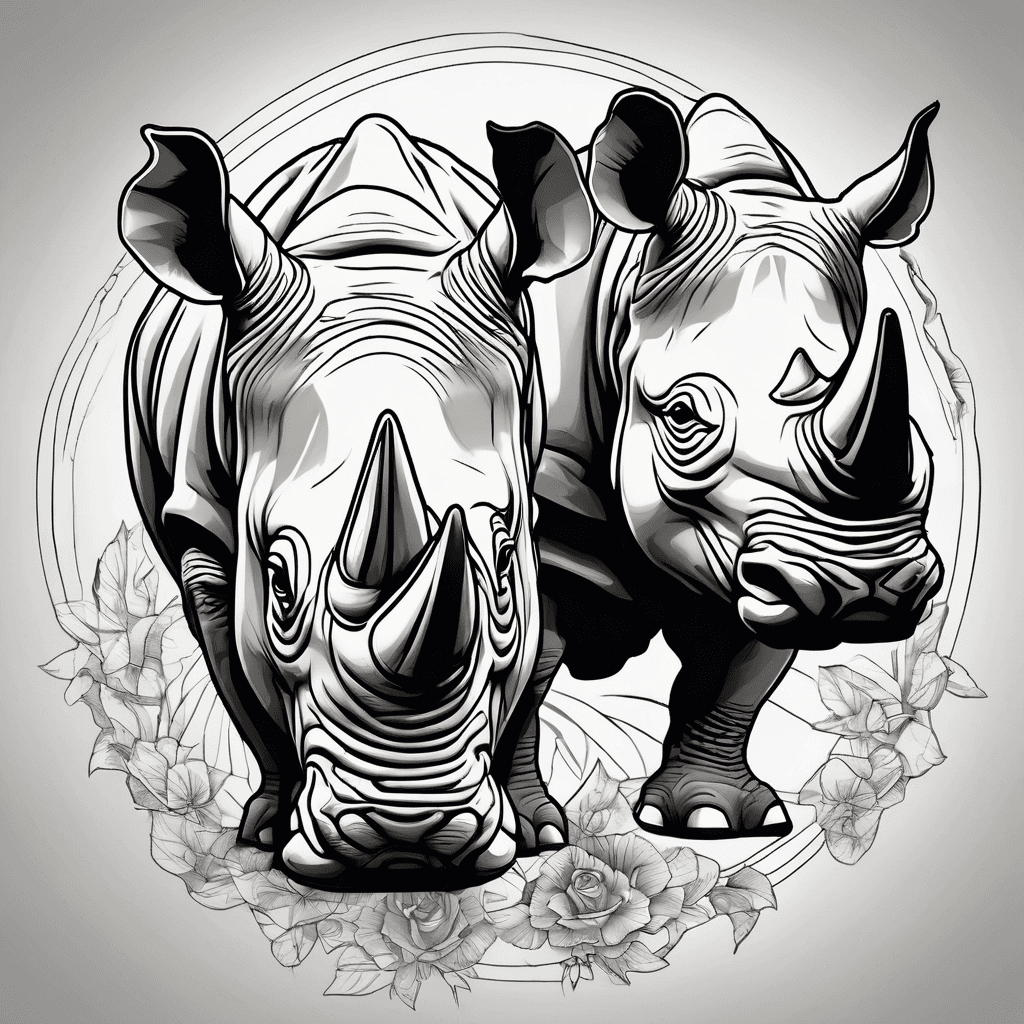 New school tattoo of a male and a female rhino traveling the world