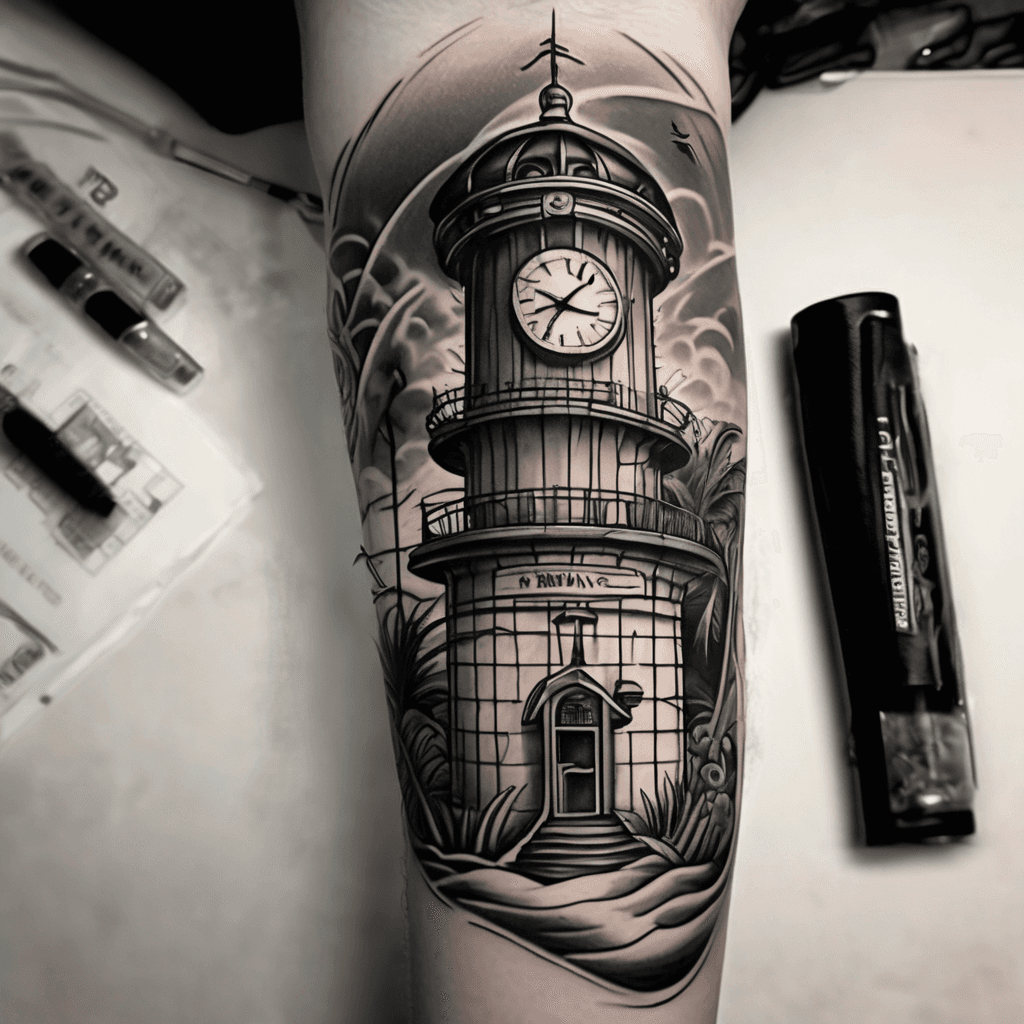 A prison guard tower, a clock with no hands and a beach sunset. Arm sleeve, black and gray.