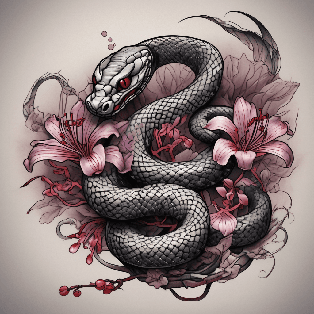 black and grey snake coiled around muted purple orchids and dark red spider Lily