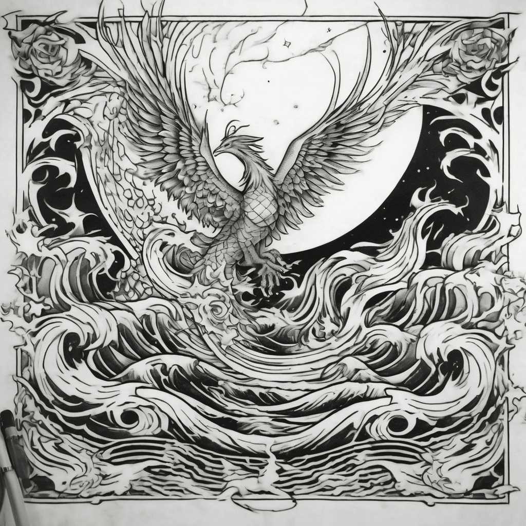 “ tattoo design, phoenix rising from ocean waves with crescent moon ,meaningful, " Phoenix rising from flames
Crescent moon with stars
Ocean waves at the base
Lotus element
Word "becoming"