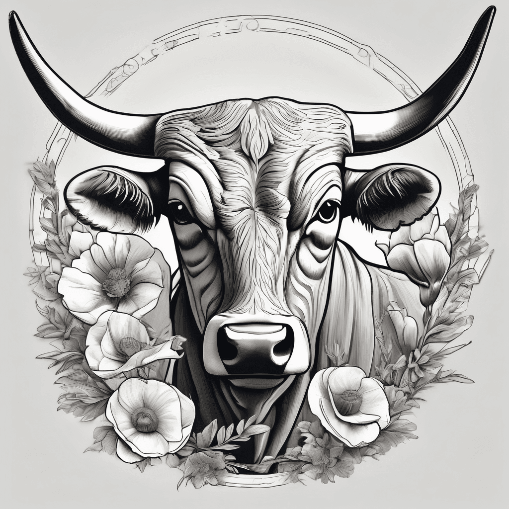 Act as a professional fine line tattoo studio consultant and concept artist. Use the exact outline of the Texas Longhorn as the base, however do not make it one solid line so it has more of a vintage/unfinished look. Then make the right side of a longhorn’s face mostly bluebonnets with a couple of poppies. Allow the bluebonnets to extend above the head of the longhorn slightly.