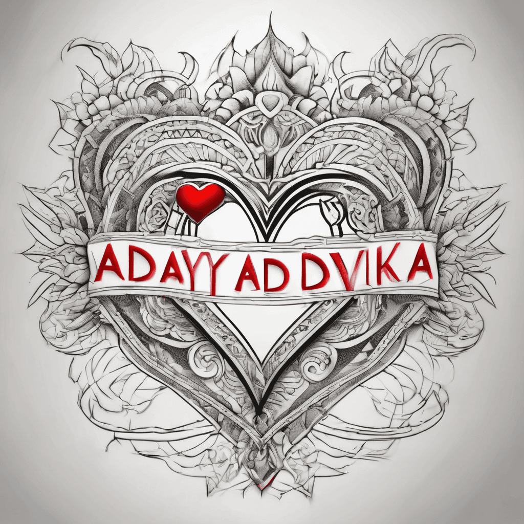 A beautiful tattoo design featuring the name "Aadya advika" in elegant lettering with a red heart