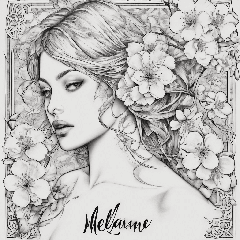 A beautiful tattoo design featuring the name "Melanie" in elegant lettering with cherry blossoms surrounding it.