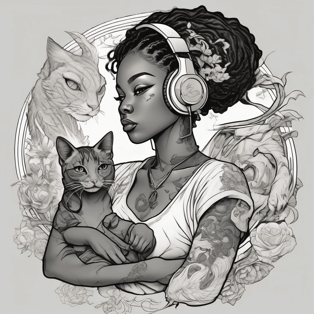 A curvy African American anime gamer girl with cat who loves reading and music