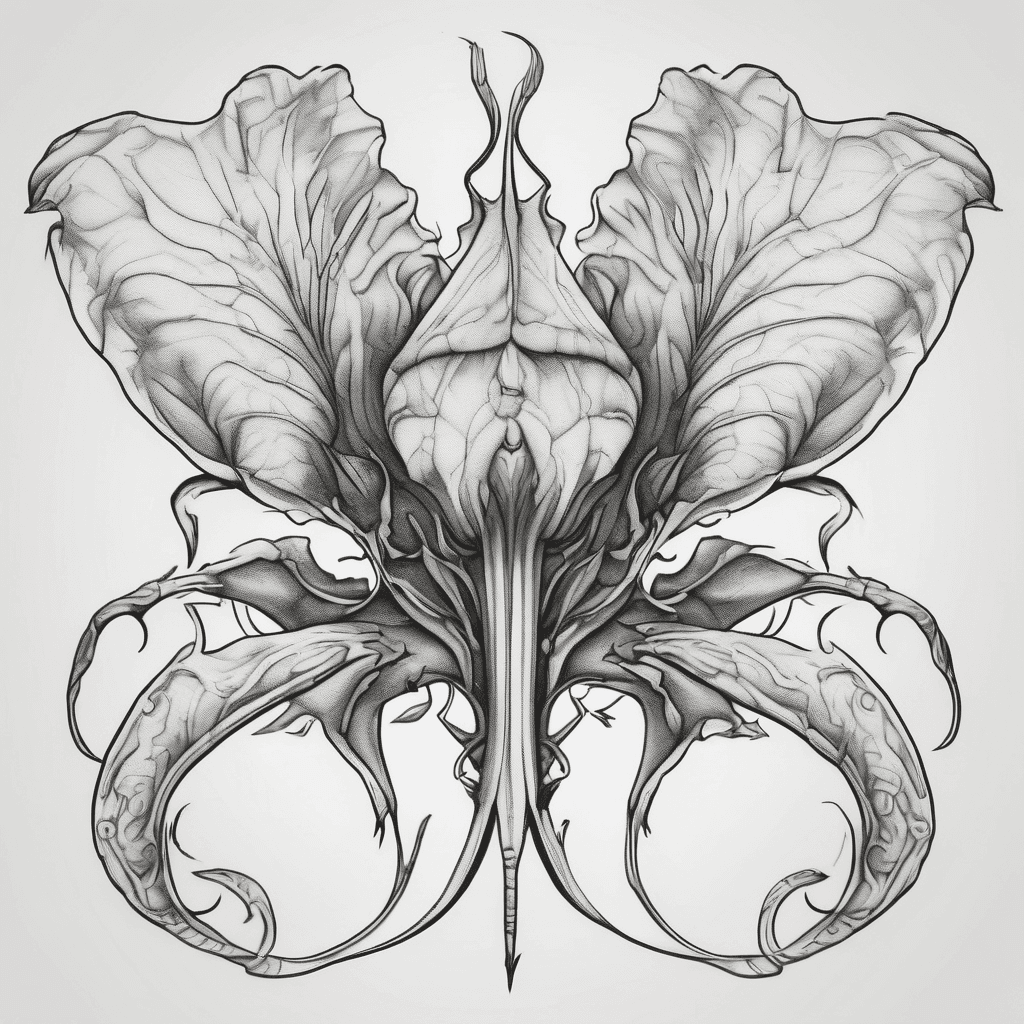 Tattoo flash sketch on white background. Jesse Pinkman Borneo scorpion style: bold heavy blackwork, no shading, thick curvilinear spirals. Abstract horizontal Datura devil’s trumpet flower, upright, stylized geometric curves