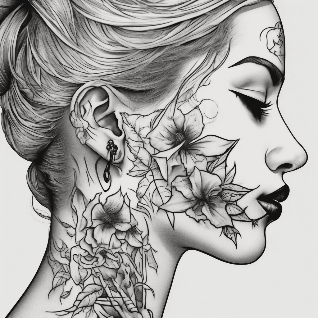 Neck tattoo of woman’s kiss and deaths hand