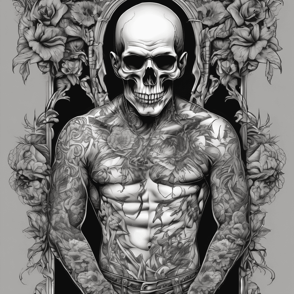 Full arm sleeve in incorporating a gothic scene, punk effects and candy skulls