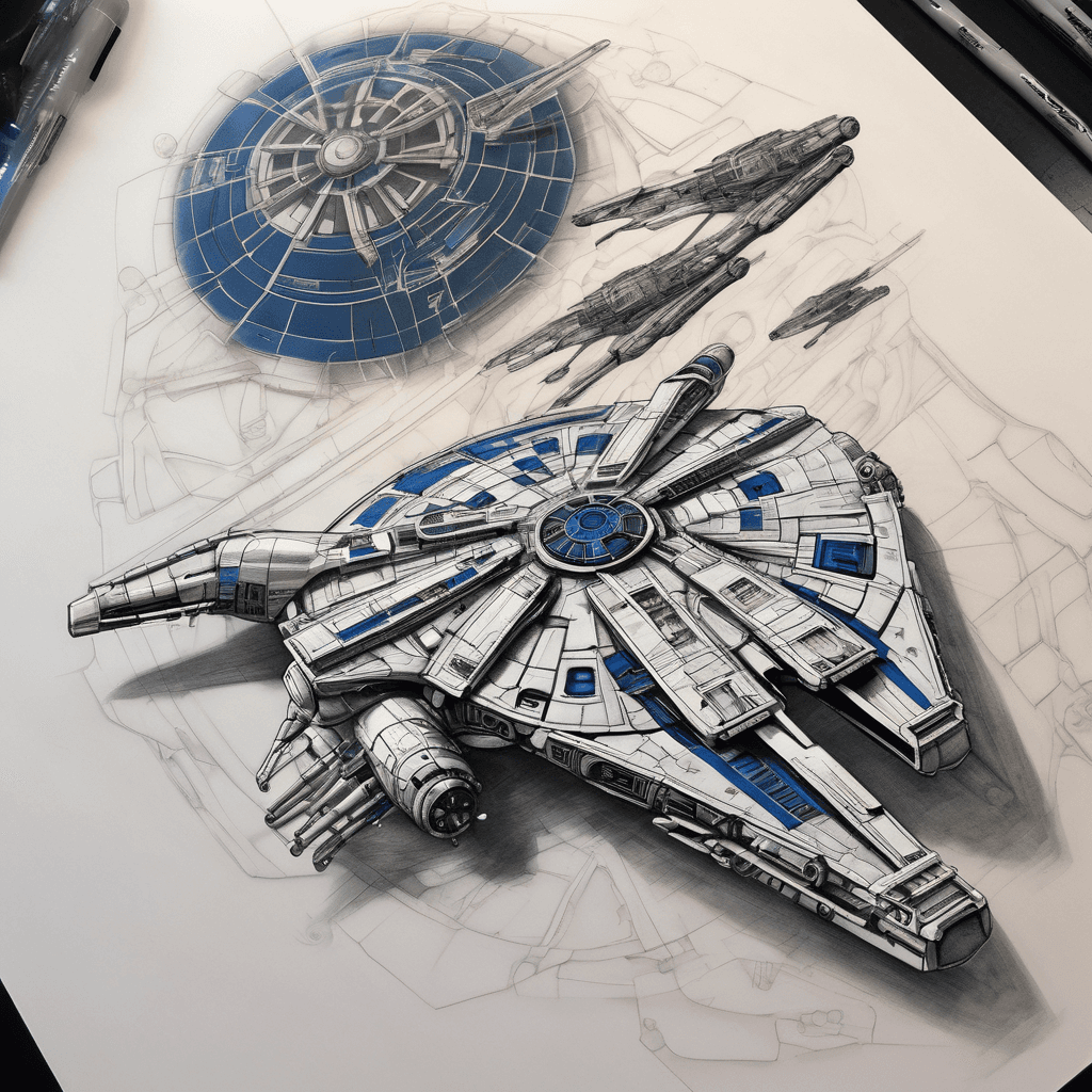 Millennium falcon with R2D2 c3po and a x wing fighter with a blue light saber in the background