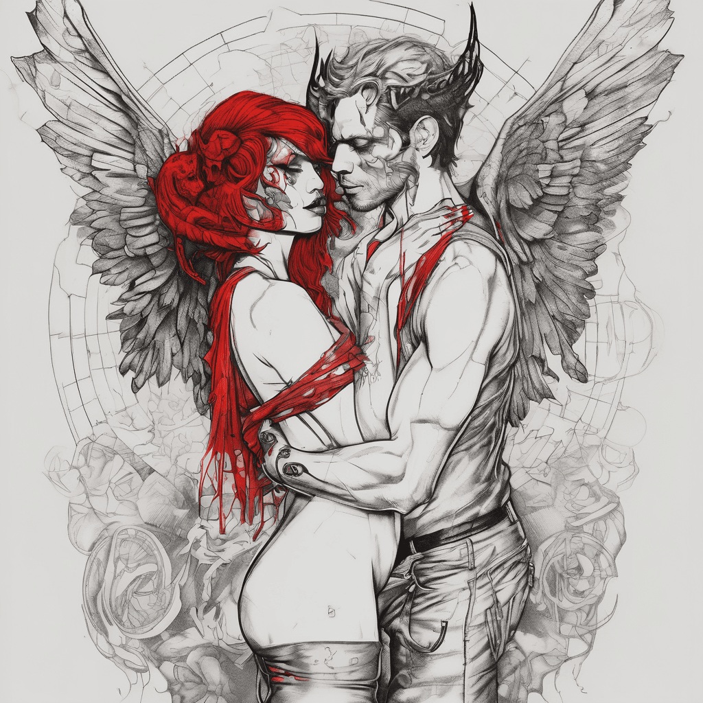 A trash polka Lilith and Lucifer embracing into singularity. Wrapping around my upper putter thigh. I'd like some of the red splotches to be stylized occult symbols pertaining to Lilith and Lucifer.