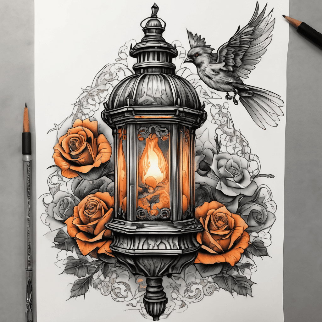 Inner forearm tattoo flash, white background. Ornate filigree metal lantern, black and grey realism. Inside flame glows in vibrant orange/gold color. Top smoke morphs into a flock of birds. Shaded roses at base. High contrast