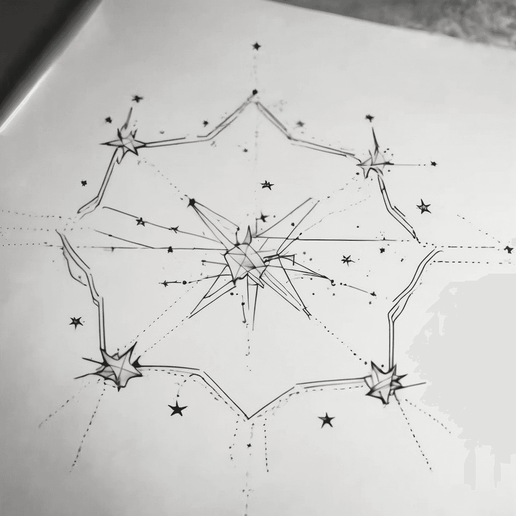 a pretty, minimalist constellation diagram tat based on the orions belt and the two other stars on either side of it (so basically 5 stars, 3 in one line, and then 2 on the other either sides of the middle star)