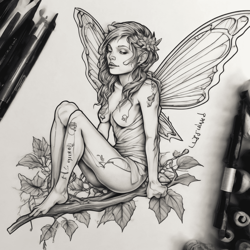 A fairy sitting on a branch, simple with colourful wings with the name Alora written in there somewhere for my lower stomac