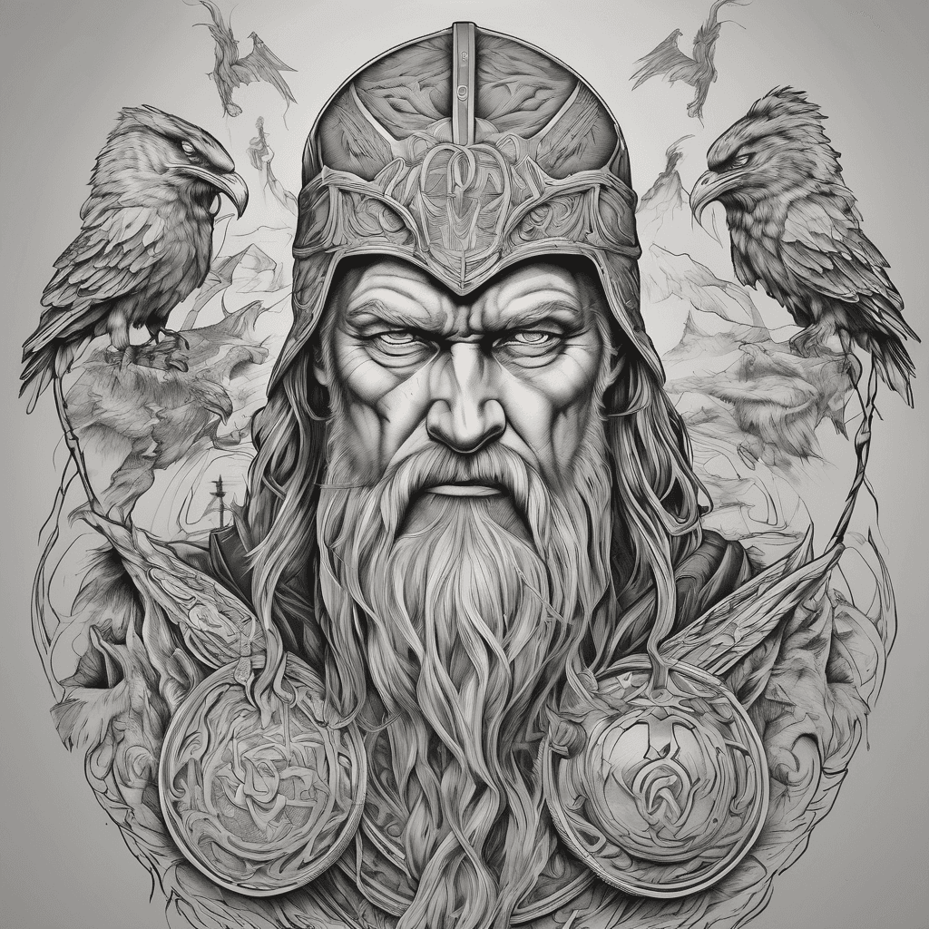 Historically accurate depiction of Odin with his ravens and wolf