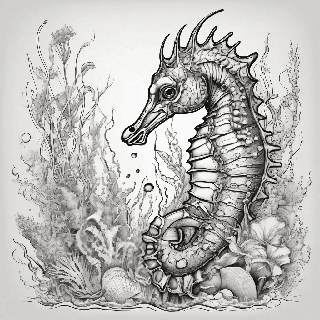 Sea creatures like seahorses starfish tropical fish and sea weed with water as the background