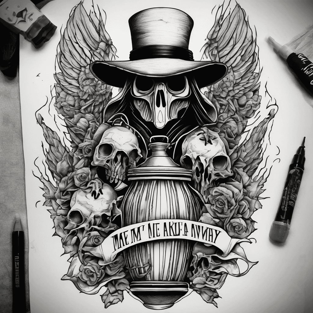 make me a tattoo idea for the outer forearm with a plague doctor holding a lantern with smoke and death head moths surrounding with a pile of skulls at the bottom with the words "like a moth to a flame, my wings burn away" in a banner