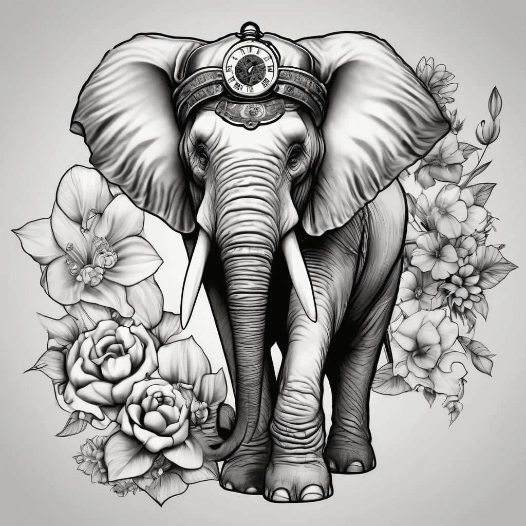 1 big elephant 1 baby elephant flowers and a pocket watch with the time 402