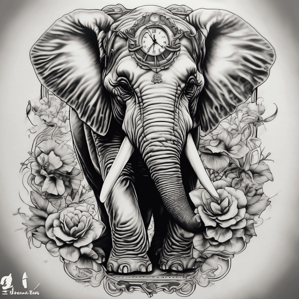 1 big and 1 baby elephant flowers and a pocket watch with the time 402