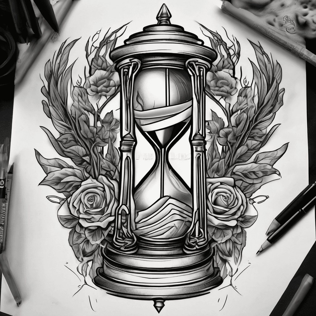 Black tattoo a pair of elders hands holding an hourglass and above the hourglass saying Memento mori