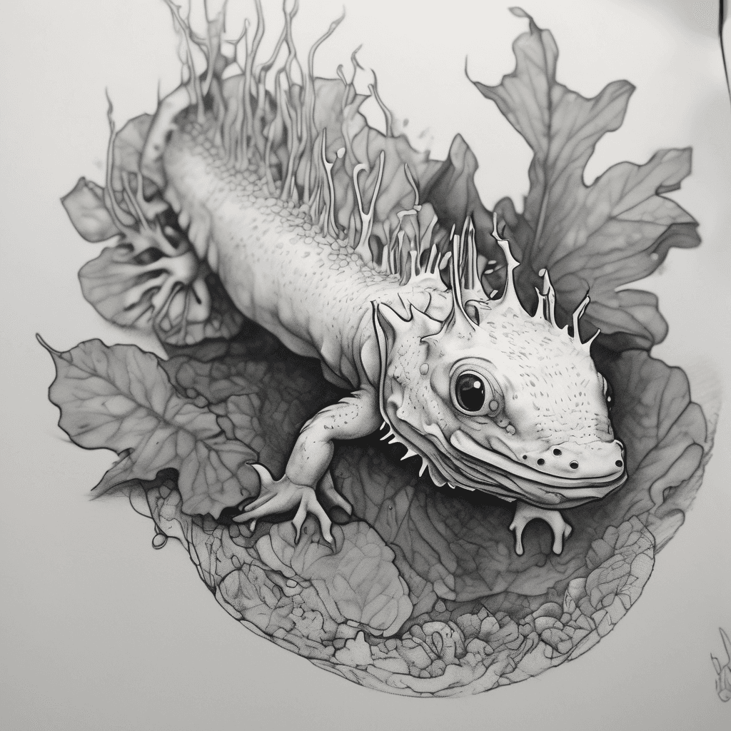 A mid-size black and grey realism tattoo of a single axolotl floating gracefully mid-water. Detailed gills, soft translucent skin texture, fine-line shading, solid white background, with no elements besides the animal itself