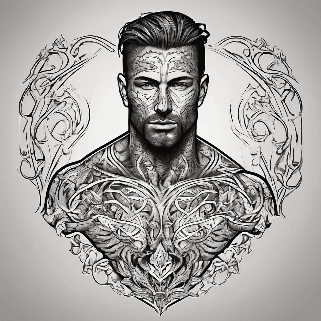 the name AMENDOLA with masculine style filigree across a mans chest