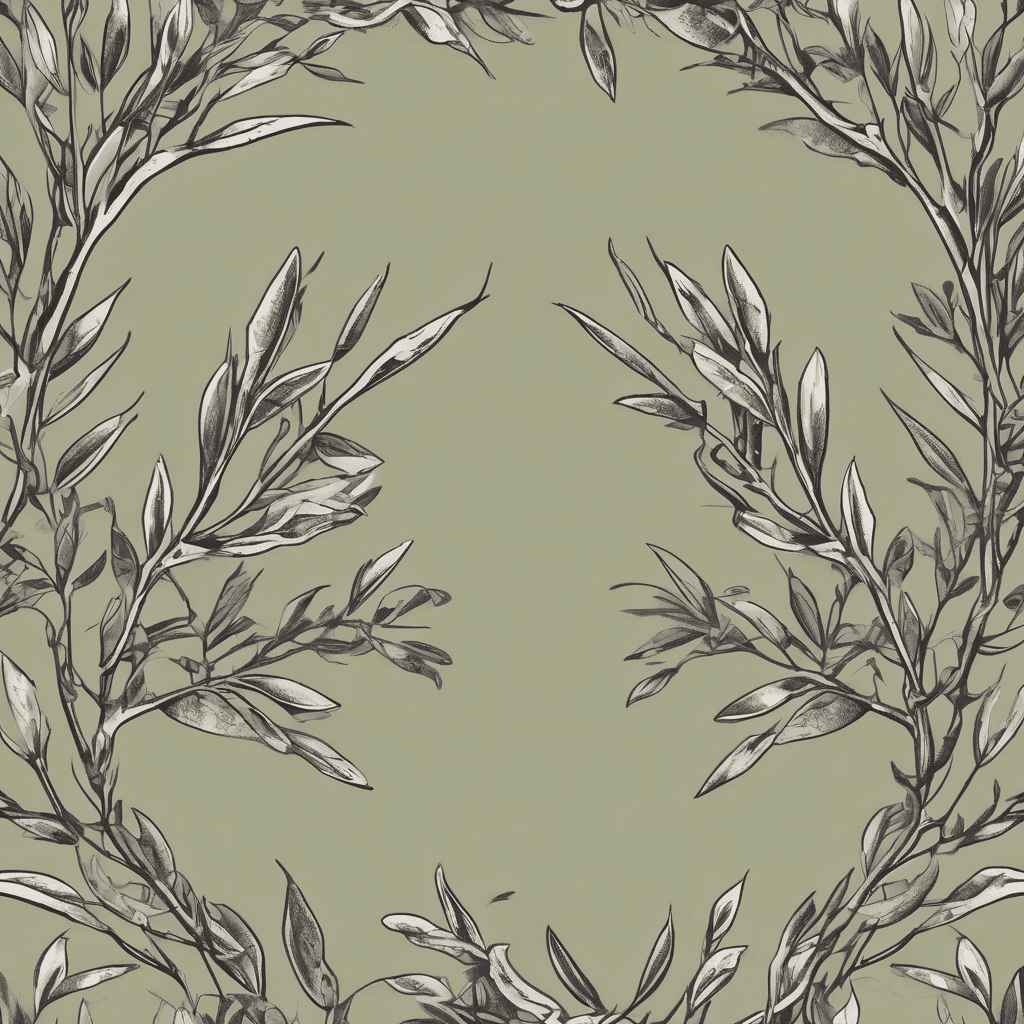 Two crossing olive branches with "Haunted by Waters" in cursive over the branches