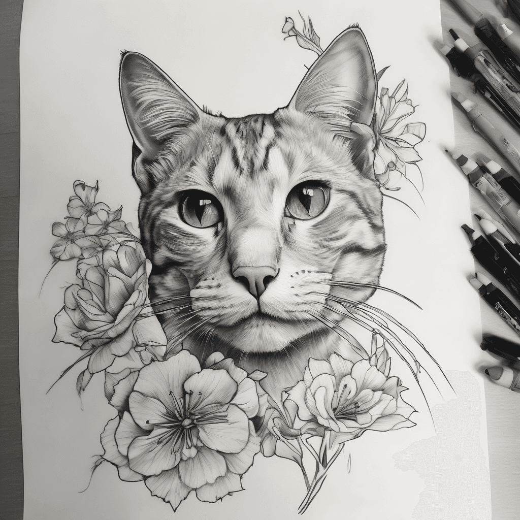 A stretching cat about armpit level or slightly above on my shoulder that when I put my arm up it stretches vine& flowers come out of its paws and flowers across my back to other shoulder with another cat that does the same feminine color